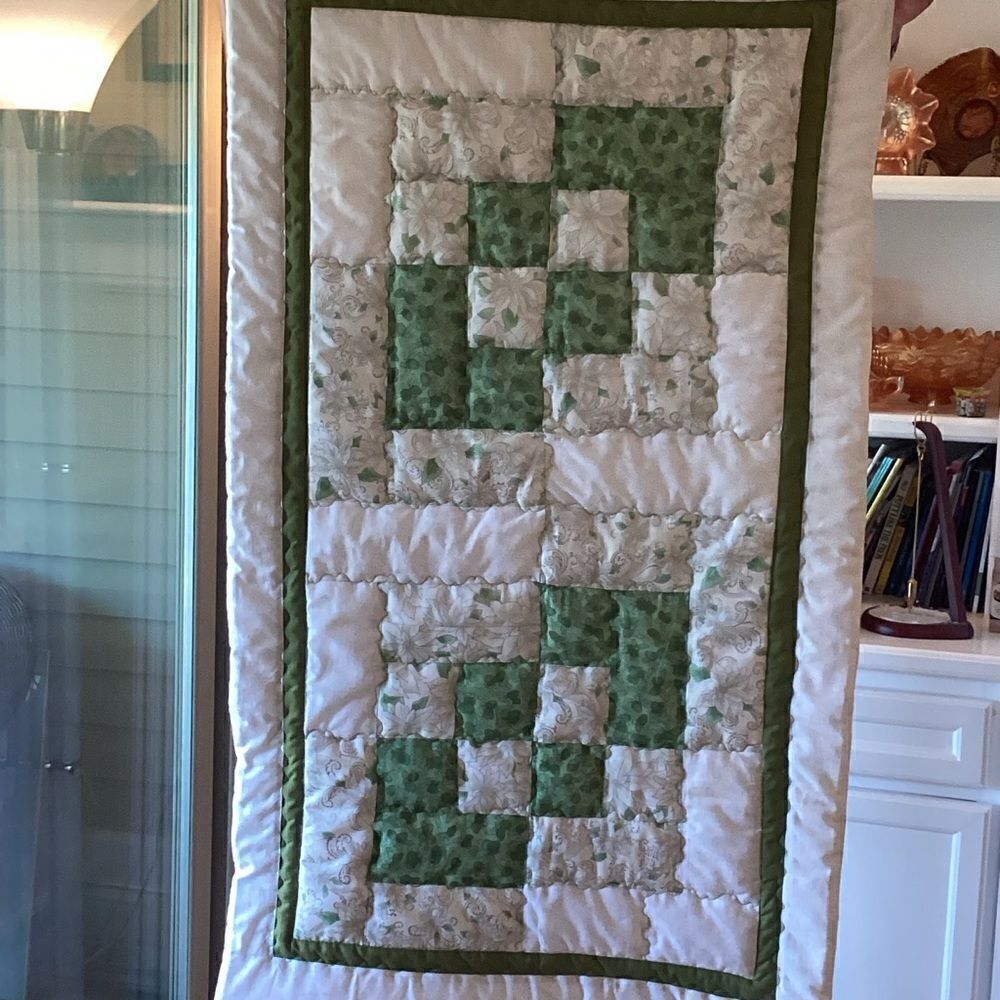 NWT. Hand Crafted Green, White and Silver Quilt